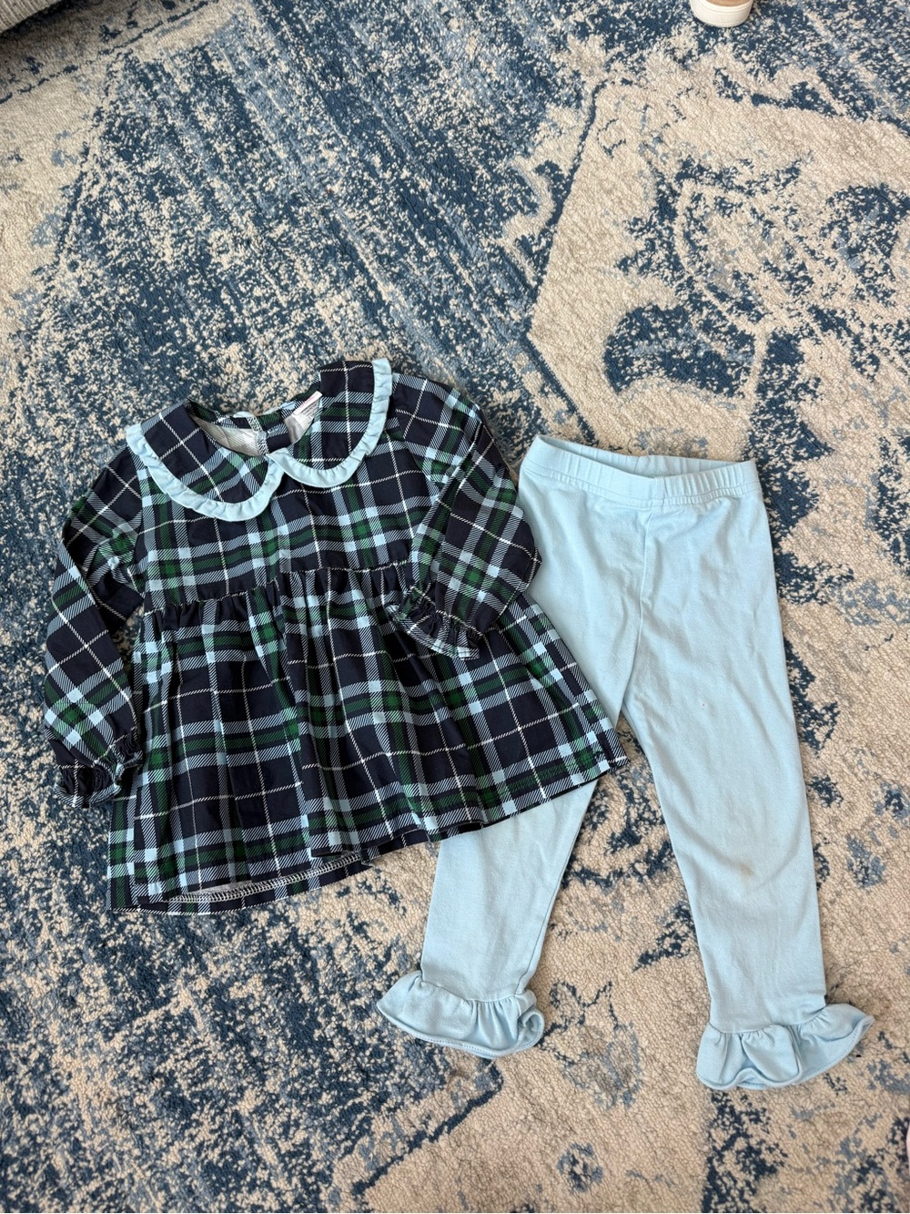 Girl's Navy & Light Blue Plaid Top and Light Blue Legging Matching Set